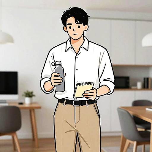 Digital drawing of a smiling, black-haired man in a white shirt and beige pants, holding a water bottle and notebook in a modern, bright kitchen.