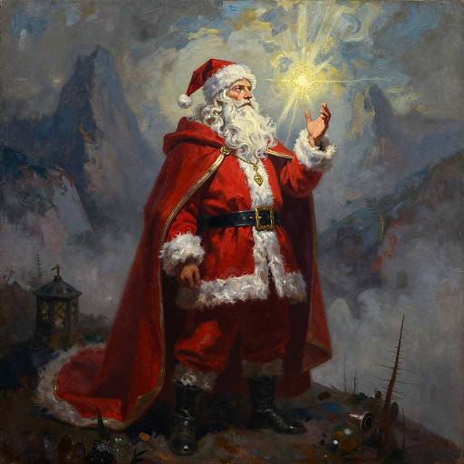 Digital painting of Santa Claus in a red cloak, holding a glowing star, set against a dark, mountainous night sky.