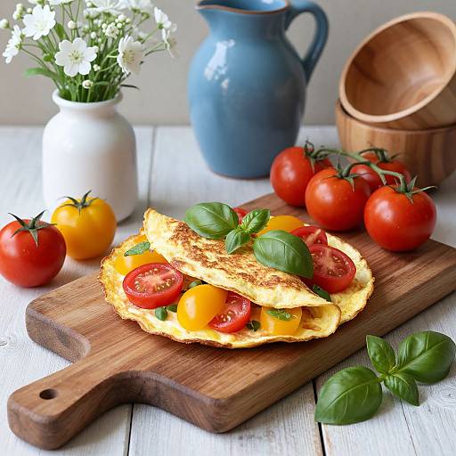 Photograph of breakfast: two omelets with tomatoes, peppers, basil on a wooden board, surrounded by tomatoes, a blue pitcher, white vase
