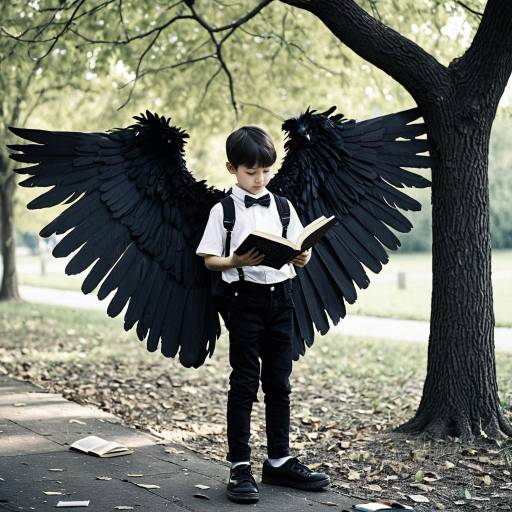 Boy with Black Wings Reading a Book Outdoors