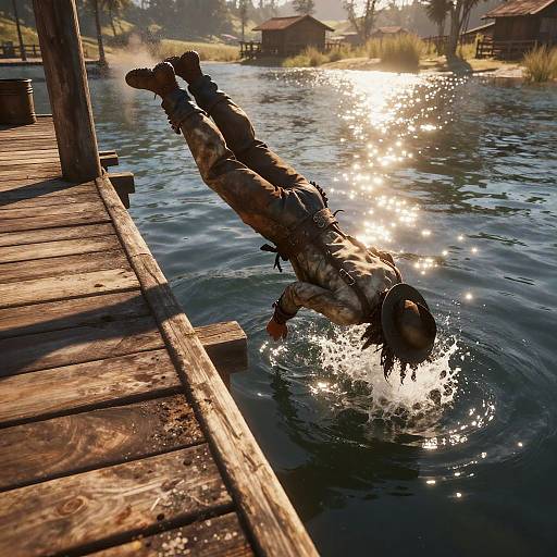 Photograph of a muscular man with long dark hair, wearing camouflage pants and boots, diving headfirst into a sunlit, sparkling lake from a wooden