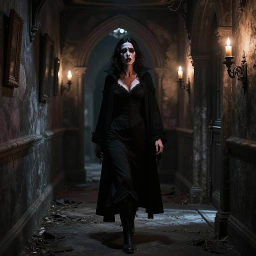 Mysterious woman in black dress and mask walks down dimly lit, Gothic-style hallway with flickering wall sconces, exuding eerie, supernatural