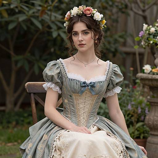 Photograph of a fair-skinned, brown-haired woman in a blue and white Victorian-style dress, flower crown, sitting outdoors, garden background.