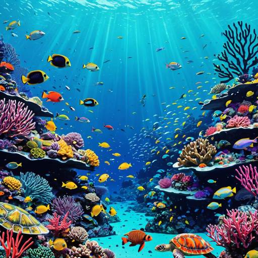 Tropical Underwater Coral Reef with Colorful Fish and Sea Turtles