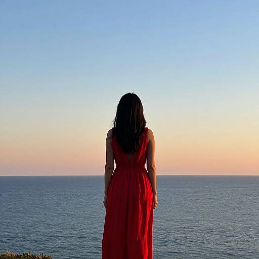 Silhouetted woman in red dress stands facing ocean at sunset, blue sky, and calm water in background. Photographic image.