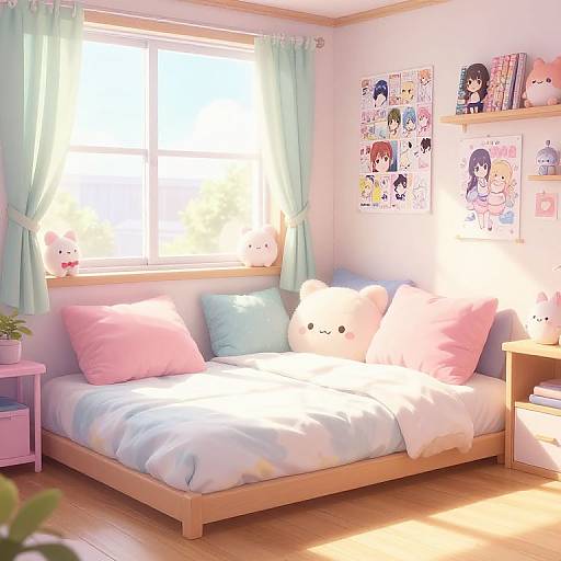 Cute anime-themed bedroom with pastel pink and blue decor, plush bear pillows, anime posters, sunlight filtering through green curtains.