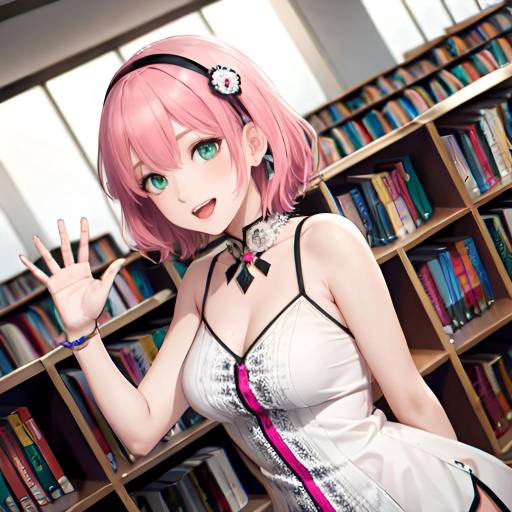Anime Girl with Pink Hair in Library