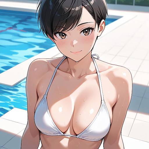 Smiling Woman in White Bikini by Poolside