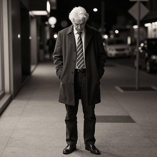 Man in Overcoat Standing on Sidewalk at Night