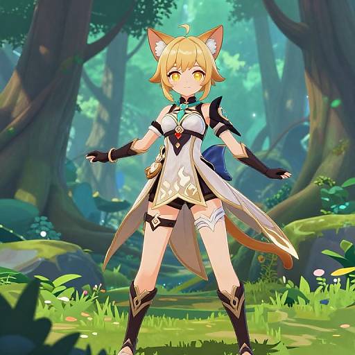 Digital anime-style artwork of a blonde catgirl with yellow eyes, white and black armor, standing confidently in a lush forest.