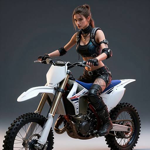 CGI image of a tough, dark-haired woman in black leather gear riding a white off-road motorcycle against a gradient gray background.