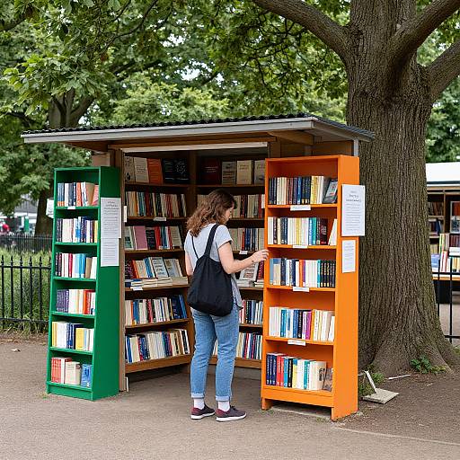 Woman Browsing Books at Vibrant Park Kiosk