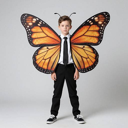 Photograph of a young boy in a white shirt, black tie, and pants, wearing large, vibrant orange and black butterfly wings and black sneakers,