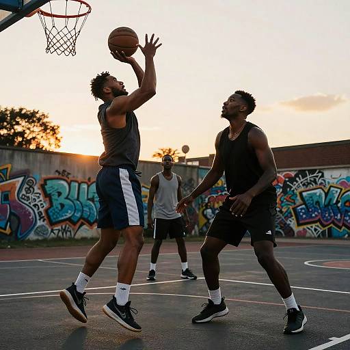 Photograph of three African-American men playing basketball at sunset, one leaping for a shot, others defending, graffiti-covered court background.