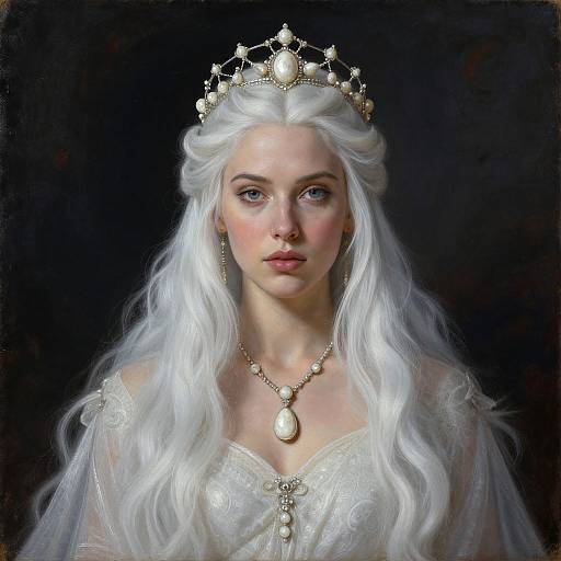 Digital painting of a fair-skinned, blue-eyed queen with long white hair, wearing a gold crown and necklace, and an ornate white dress,