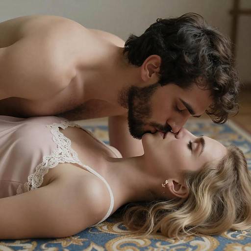 Bearded Man Kissing Blonde on Patterned Surface