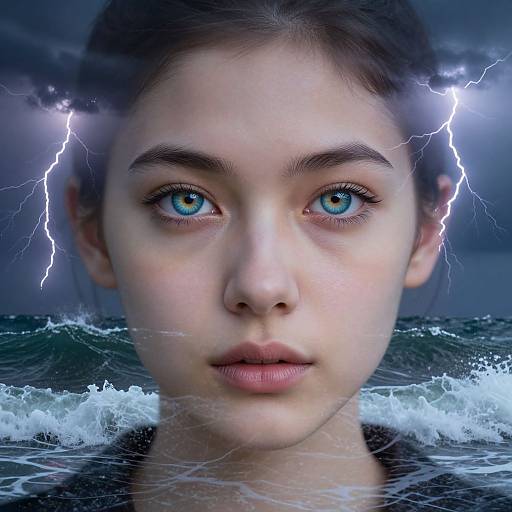 Photorealistic digital artwork of a young woman with striking blue eyes, wet hair, and lightning bolts in stormy ocean background.