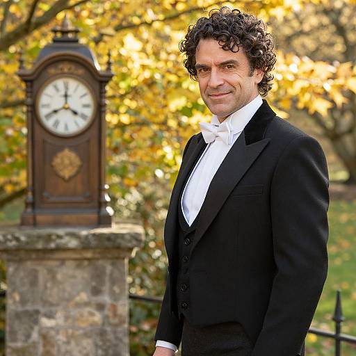 Man in Autumn Garden with Vintage Clock