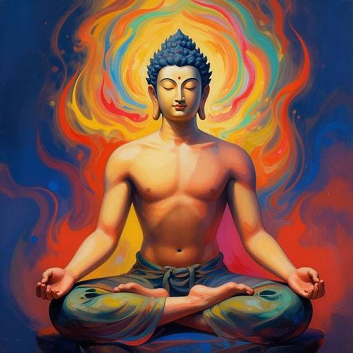 Digital painting of a shirtless, muscular, blue-haired Buddha with a radiant, colorful aura, sitting in lotus pose, exuding peace and energy