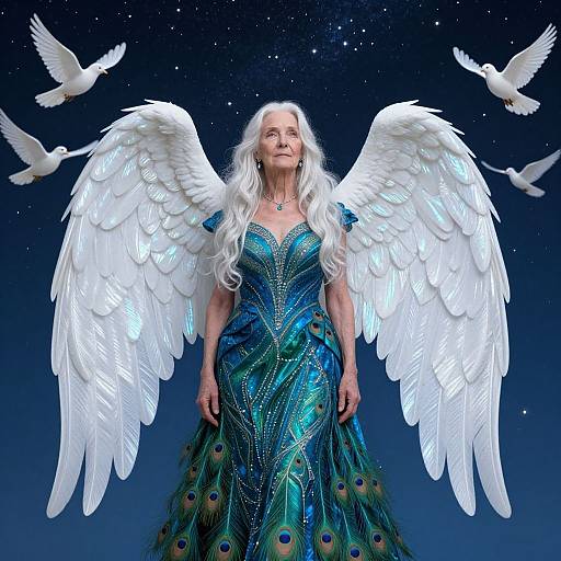 Photograph of an elderly woman with long white hair, wearing a blue peacock-patterned dress, and large white angel wings, surrounded by flying white