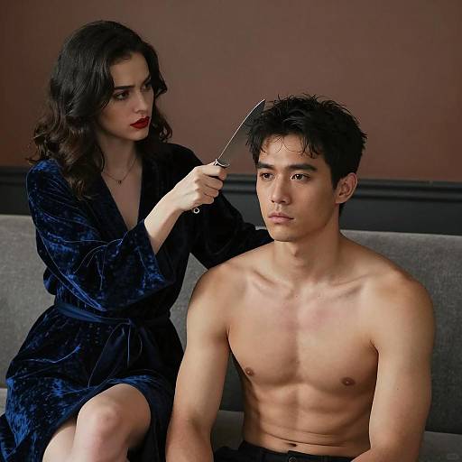 Tense Standoff on a Gray Couch