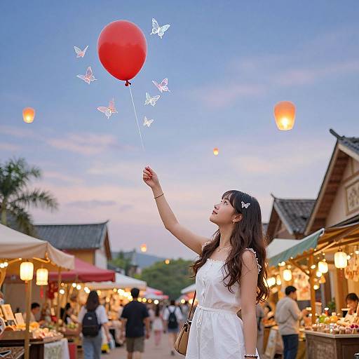 Photograph of an Asian woman with long brown hair, wearing a white dress, releasing white butterfly-shaped balloons and a red balloon at a vibrant evening market