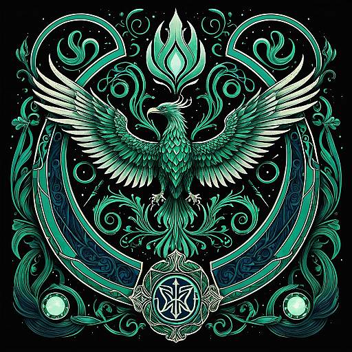 Emerald Green and Midnight Blue Mystical Phoenix Illustration