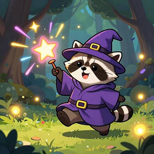 Cute cartoon raccoon in a purple wizard hat and cloak, holding a glowing star wand, dancing in a magical forest illuminated by fireflies.