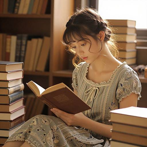 Young Woman Reading in Vintage Library Light