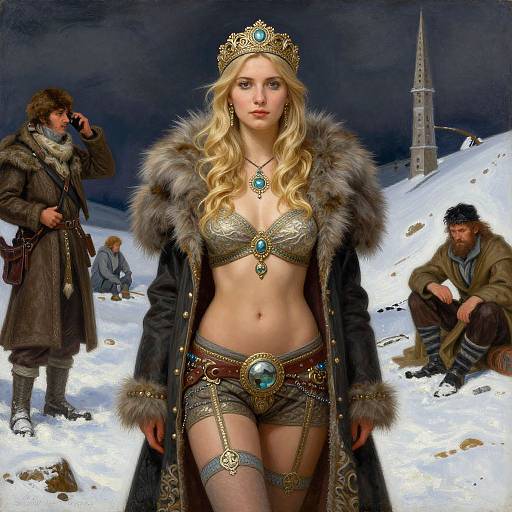 Digital painting of a blonde queen in metallic bra and fur-trimmed coat, snow-covered landscape, medieval warriors, tall spire, dark sky.