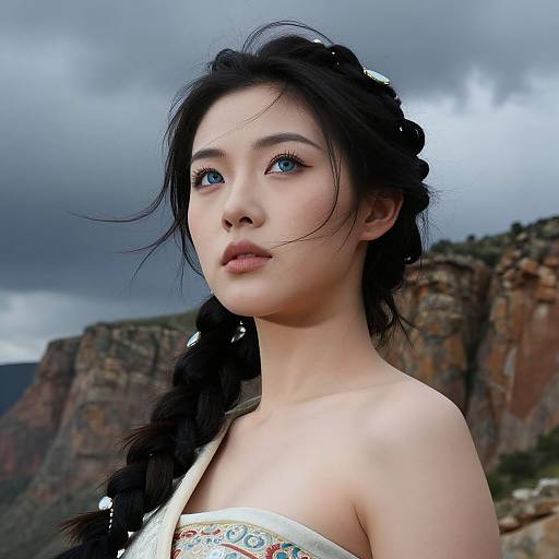 Photorealistic digital portrait of an East Asian woman with long black braided hair, blue eyes, and fair skin, wearing a white floral strapless