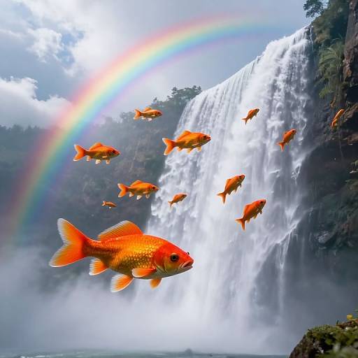 Gravity-Defying Orange Fish Above Waterfall