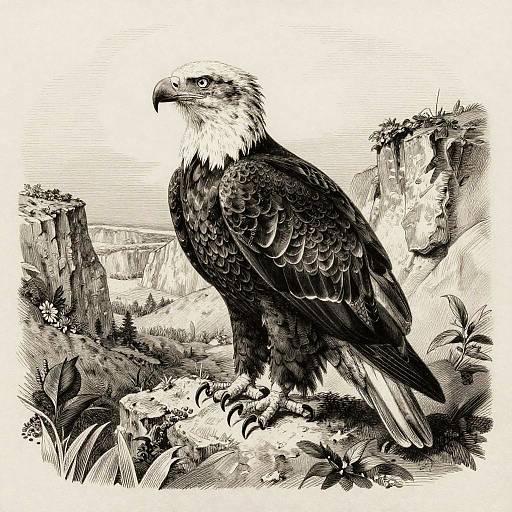 Detailed Monochrome Bald Eagle Etching