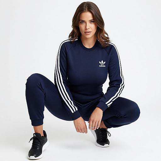 Photograph of a woman with wavy brown hair, wearing a navy Adidas tracksuit with white stripes, squatting against a white background.
