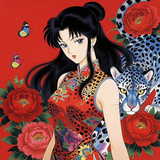 Anime-style illustration of a black-haired woman in a red leopard-print cheongsam, with a leopard, butterflies, and red flowers on a vibrant red