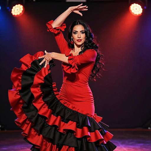 Photograph of a dark-haired woman in a vibrant red and black ruffled dress performing flamenco, arms gracefully raised, spotlight illuminating her.