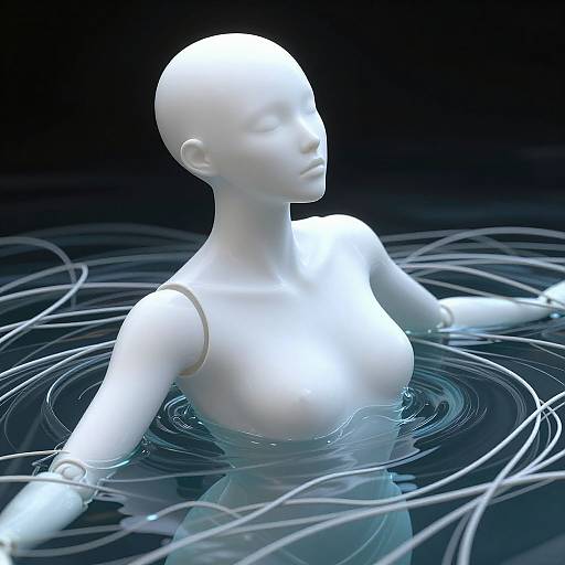 Digital CGI image of a white, featureless, humanoid figure with bare shoulders and breasts, floating in dark water, surrounded by glowing, circular light patterns