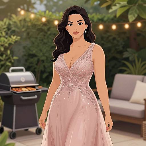 Digital illustration of a curvy, fair-skinned woman with long black hair, wearing a pink, deep V-neck, beaded evening gown, standing