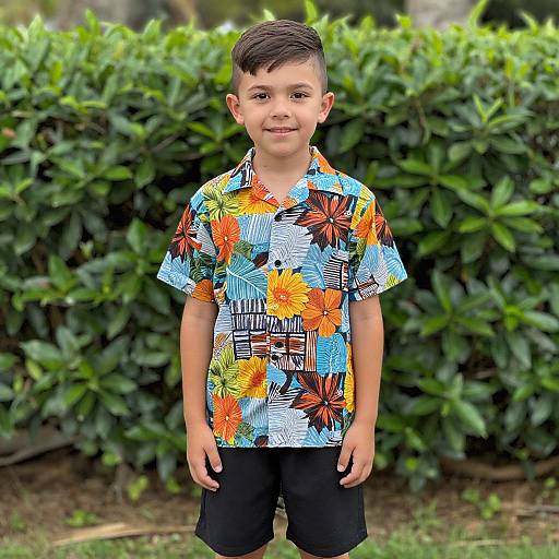Photograph of a young boy with short black hair, wearing a vibrant floral shirt and black shorts, standing in front of a lush green hedge.
