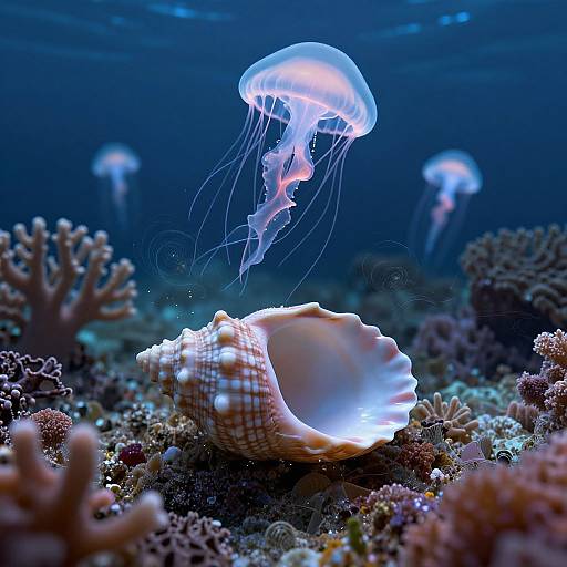 Photograph of a glowing jellyfish hovering above a large, illuminated seashell on a vibrant, coral-covered ocean floor.