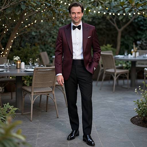 Man in Burgundy Tuxedo on Garden Patio