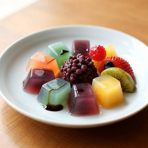 Photograph of a white plate with colorful fruit pieces and grapes on a wooden table. Includes green, red, yellow, and purple cubes, a whole