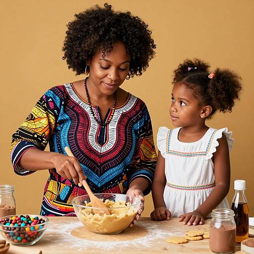 Photograph of an African woman with curly hair in colorful, patterned dress, baking with a young girl in white dress, against a yellow background.
