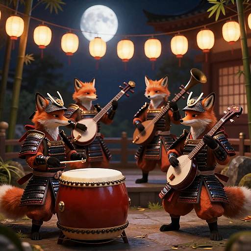 Fox Samurai Band Playing Traditional Instruments at Night