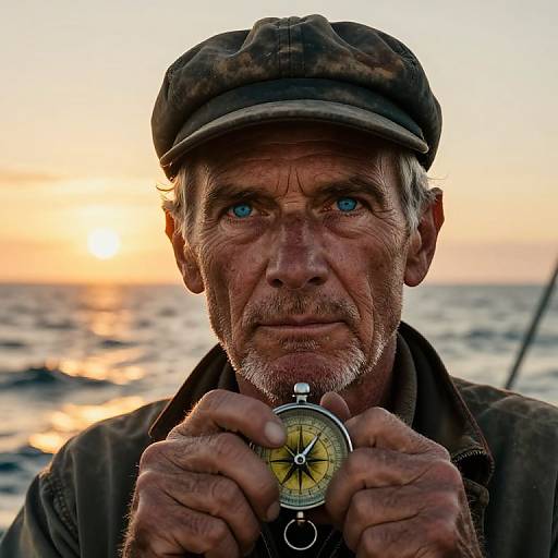 Photograph of a weathered, blue-eyed man with a beard holding a compass at sunset, wearing a dirty flat cap and dark jacket, ocean waves