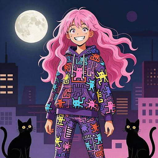 Digital anime-style illustration of a pink-haired girl in a colorful geometric hoodie and pants, smiling, standing against a nighttime cityscape with full moon and black