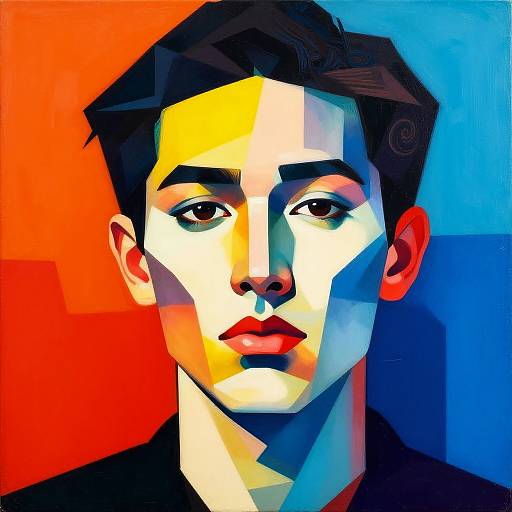 Digital portrait of a young man with short dark hair, using bold geometric shapes and vibrant colors (red, blue, yellow) against a split background.