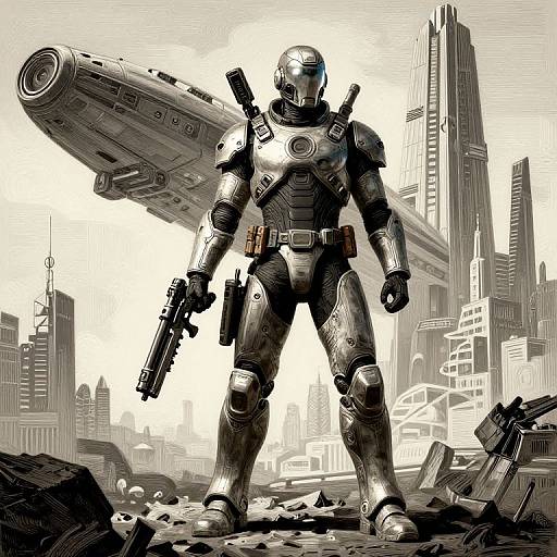 Digital art of a futuristic, armored soldier with a helmet, carrying a gun and a large spaceship on their back, standing in a ruined, monochrome