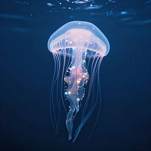 Photograph of a glowing blue and white jellyfish with translucent tentacles, floating in a dark blue underwater environment.