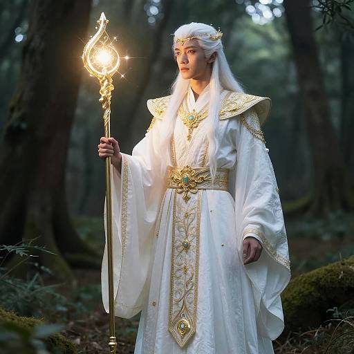 Photograph of an elven wizard in a white, gold-embroidered robe holding a glowing, ornate staff in a dark forest.